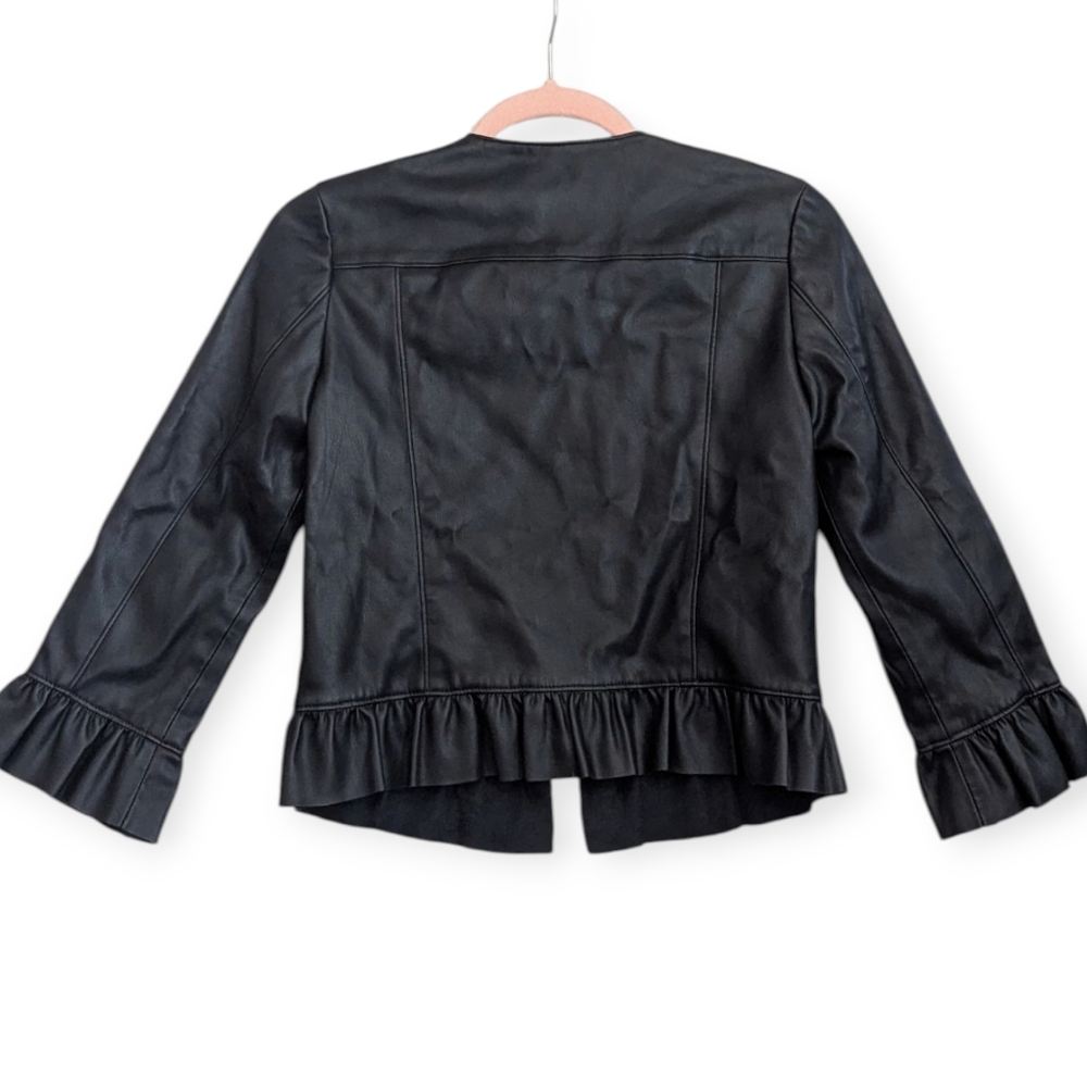 Zara Faux Leather Jacket Ruffle Detail Size Small Cropped Zip Up Grunge Stylish - Picture 3 of 10